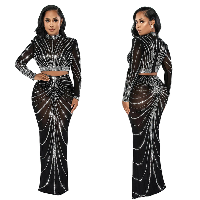 Kadın Giyim Mesh Mesh See Through Uzun Kollu Uzun Etek İki Parça Set_voghion.com