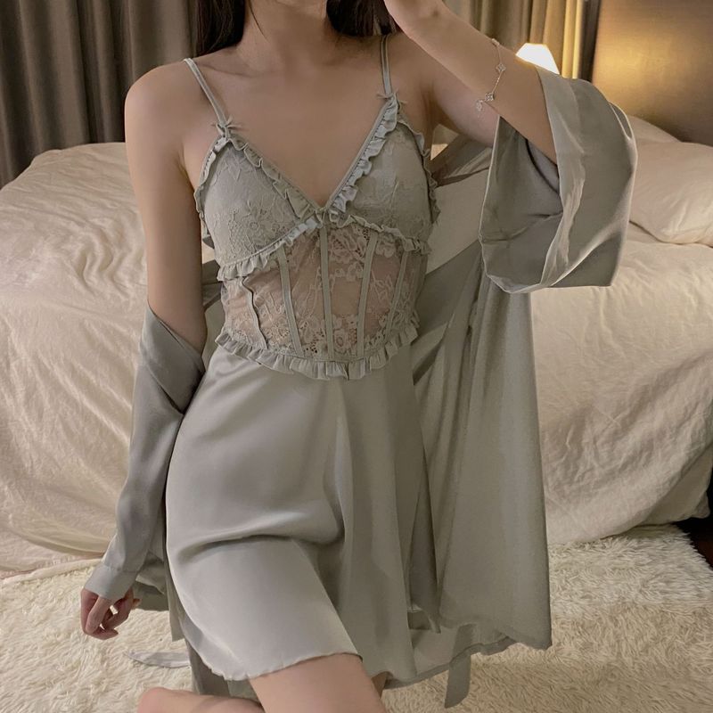 Spring and summer ice silk sleepwear, female sexy camisole nightgown, two-piece set of lace plus size thin home clothes_voghion.com