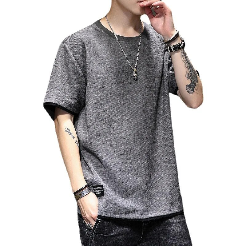 T-shirt corta da uomo estate 2024 in cotone e lino, set di abbigliamento in seta ghiacciata abbinato a un bel top a mezza manica di tendenza_voghion.com