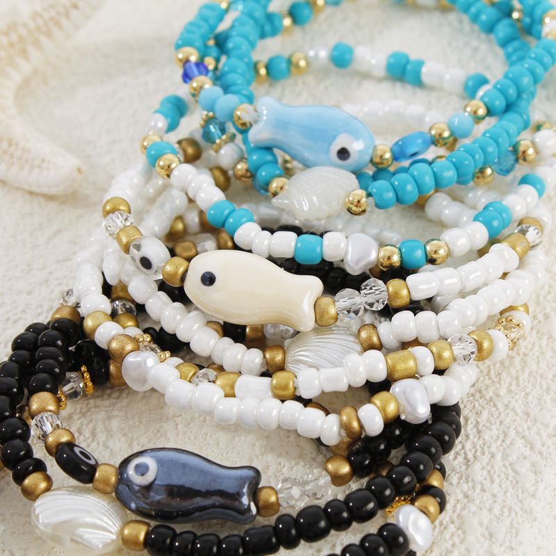 New Summer Beach Shell Rice Bead Color-Block For Women Fashion Ceramic Fish Bracelet Set Of 4_voghion.com