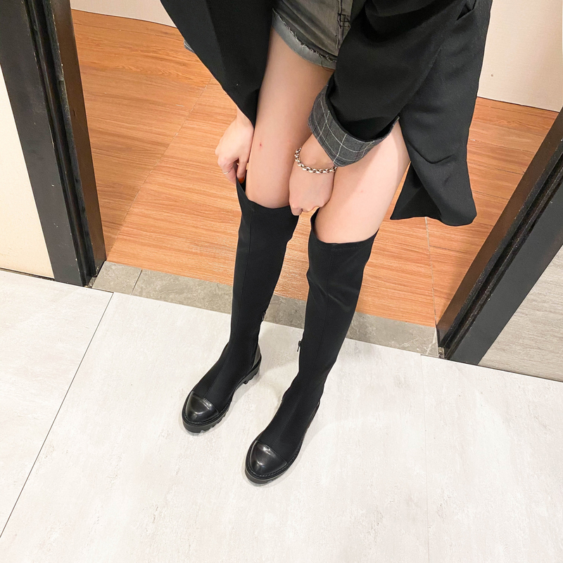 Otoño Invierno botas por encima de la rodilla botas de mujer punta redonda de cuero patchwork tubo largo botas mujer tacones medios-altos plataforma_voghion.com
