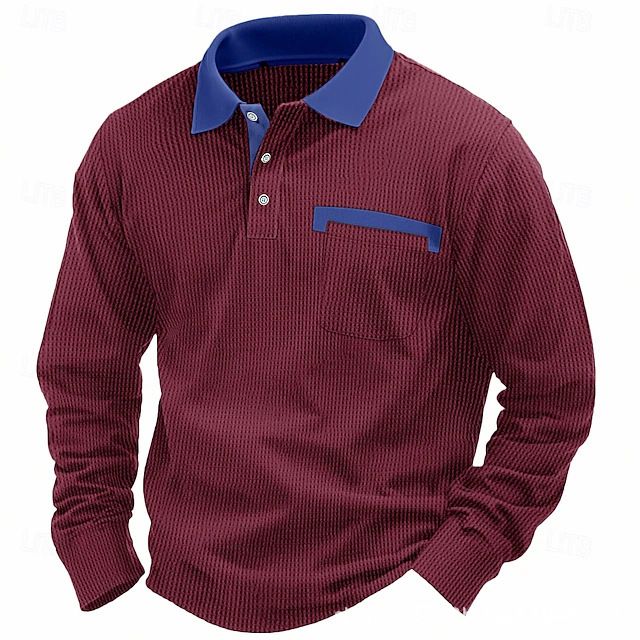 Langärmliges Poloshirt aus Waffelstrick für Herren – Lässiges T-Shirt mit lockerer Passform und Button-Down-Kragen für Herbst und Frühling – Einfarbiges, atmungsaktives Gewebe_voghion.com