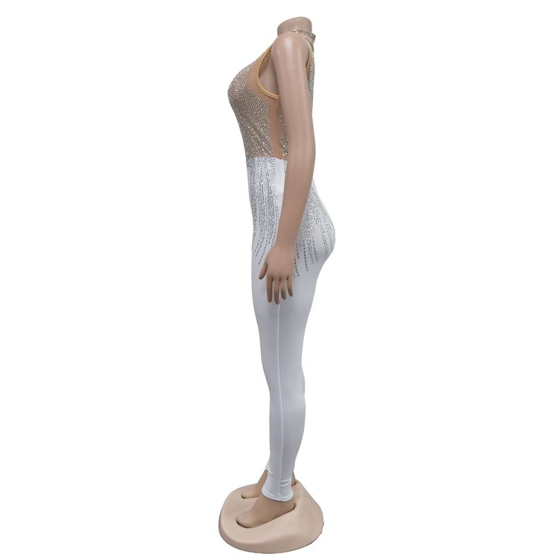 Vêtements pour femmes mode femmes couleur unie maille presse perceuse sans manches pantalon combinaison_voghion.com