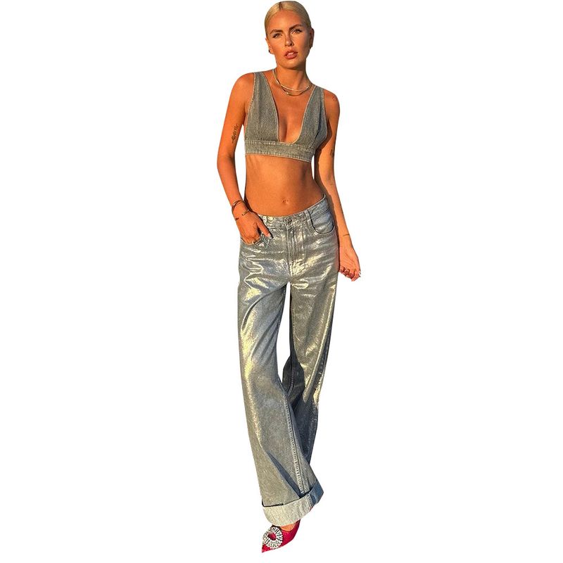 Women's Clothing Summer New Denim Washed Sexy Vest Back Buckle Top_voghion.com