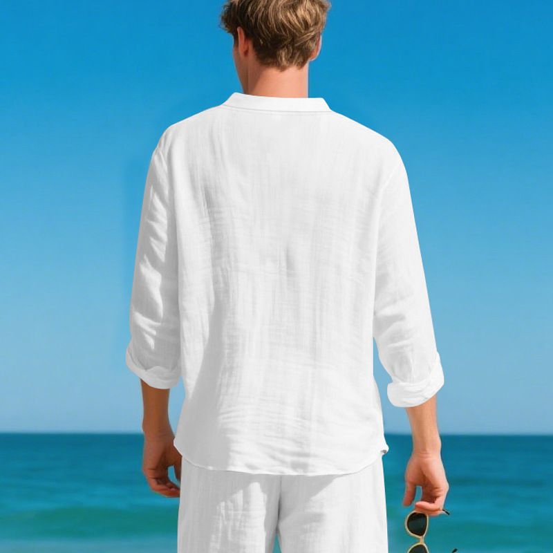 Maglietta a maniche lunghe con scollo a V in lino traspirante per uomo - Vestibilità rilassata, comfort casual, essenziale per l'estate_voghion.com