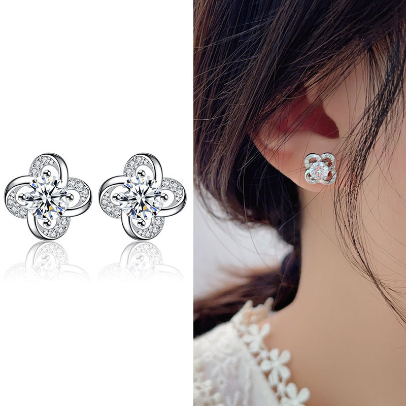 Sier needle four leaf clover wer shaped fashionable temperament micro dia elegant female earrings_voghion.com
