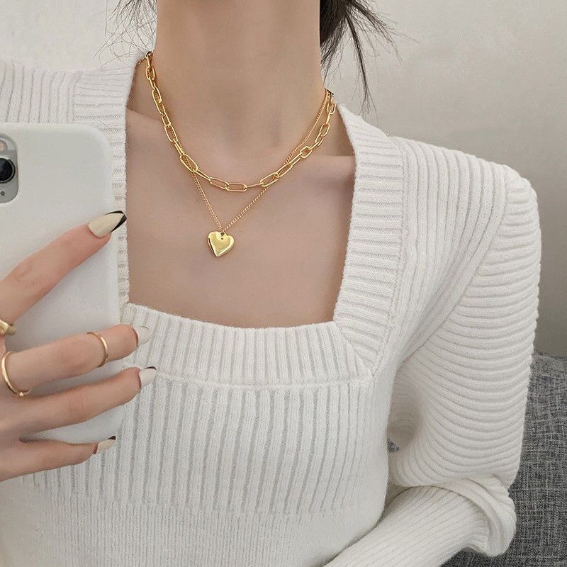 Nuova collana con clavicola a doppio strato e ciondolo a forma di cuore in oro_voghion.com