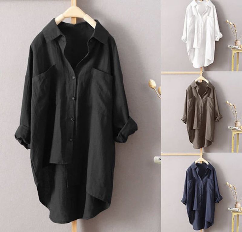 Women's Clothing New Women's Casual Solid Color Shirt Autumn Cotton And Linen Cardigan Double Pocket Long Sleeved Top_voghion.com