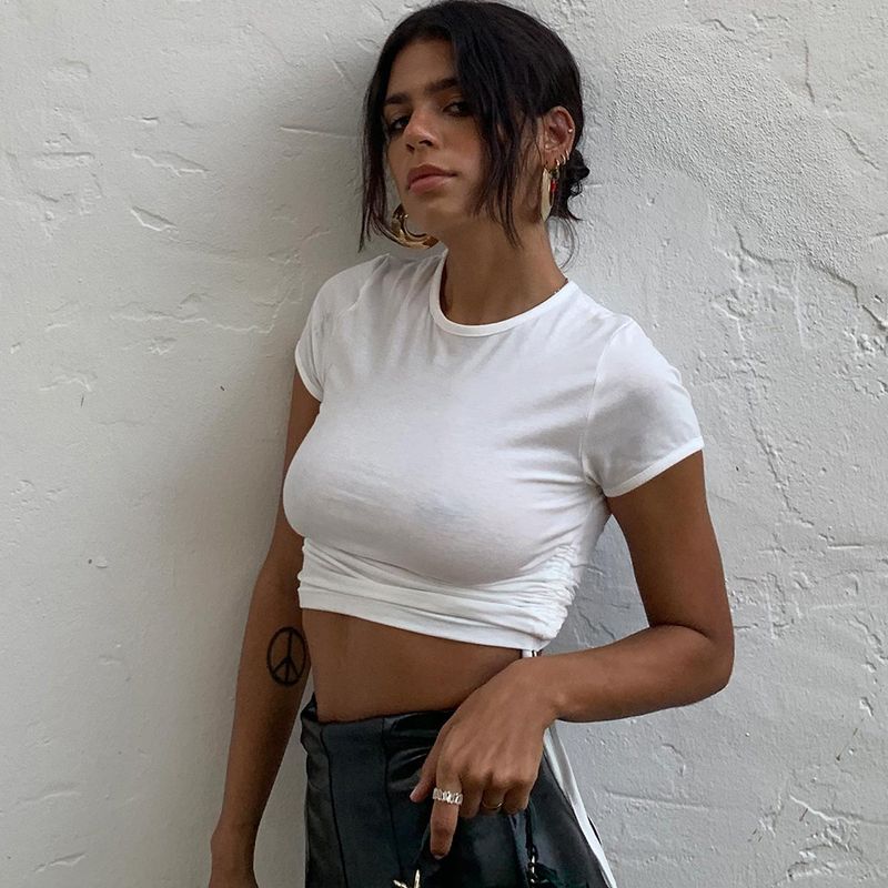 Sexy Pit Stripe Open Navel Short Savelkamās siksniņas apaļš kakla t-krekls ar īsām piedurknēm_voghion.com