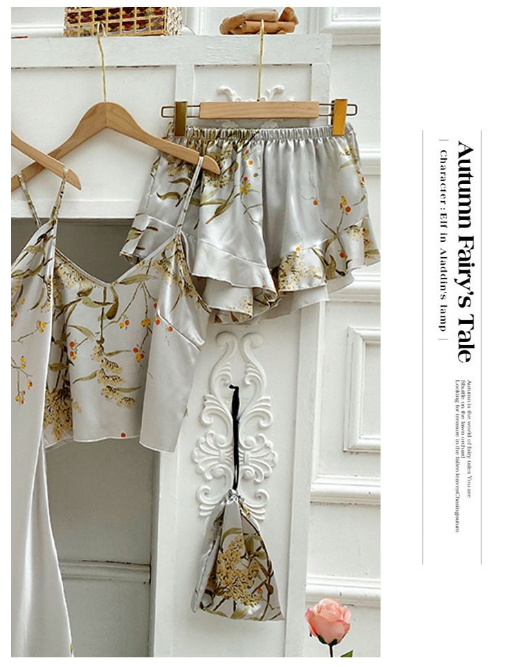 Cross border printed cherry pajamas for women, simple silk home clothes, thin nightgown, ice silk suspender skirt, nightdress_voghion.com