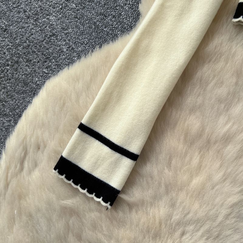 Elegante, tweedelige gebreide set voor dames - chique ronde hals, lange mouwen en mouwloze kokerjurk (beige/zwart, één maat)_voghion.com