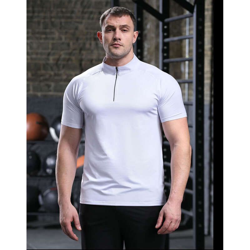T-shirt de fitness d'été pour homme, demi-fermeture éclair, col montant, séchage rapide, haute élasticité, respirant, moulant_voghion.com