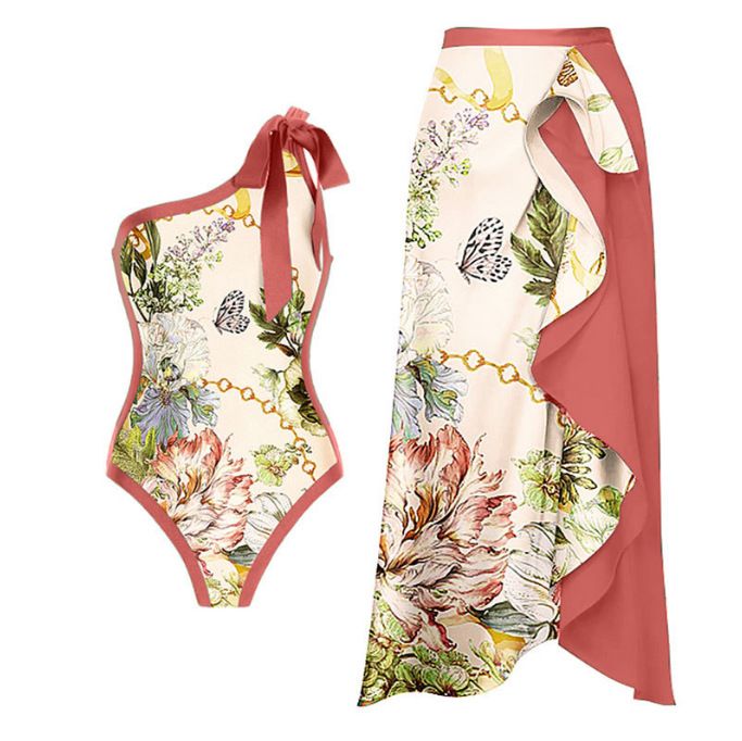 Damen Retro One-Shoulder Badeanzug Bikini Chiffon Strandrock Anzug_voghion.com