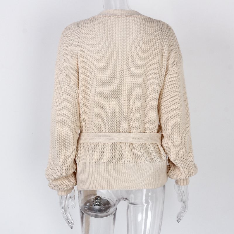 Maglione lavorato a maglia con nodo e scollo a V casual autunno inverno Abbigliamento da donna_voghion.com