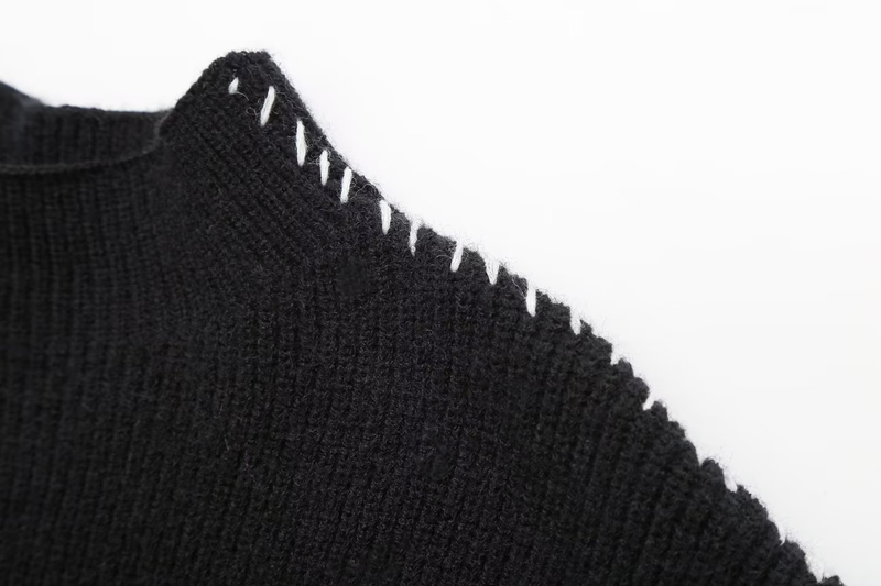 Damenpullover mit Rundhalsausschnitt, warme, schicke Farbe, Patchwork-Linienpullover_voghion.com