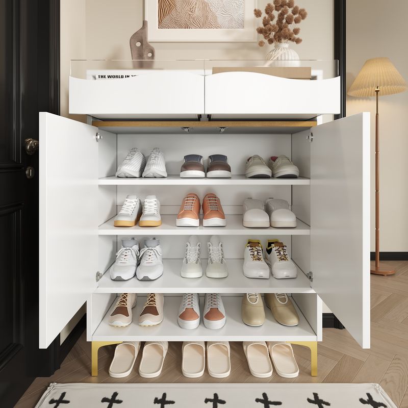 Meuble à chaussures blanc moderne avec éclairage LED 16 couleurs – Rangement gain de place pour couloir 80 x 35 x 105 cm avec tiroirs et étagères – Pour entrée, salon, couloir_voghion.com