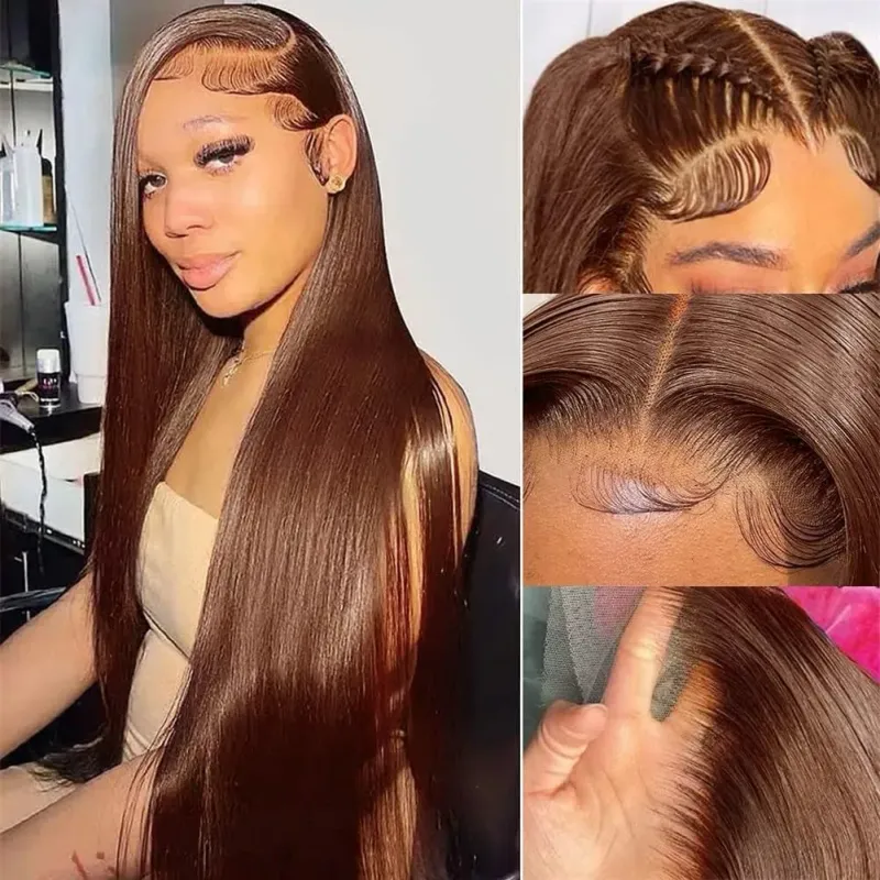Parrucche frontali in pizzo marrone dritto per capelli umani da donna, parrucca frontale trasparente HD da 30 pollici, capelli colorati pre-pizzicati_voghion.com