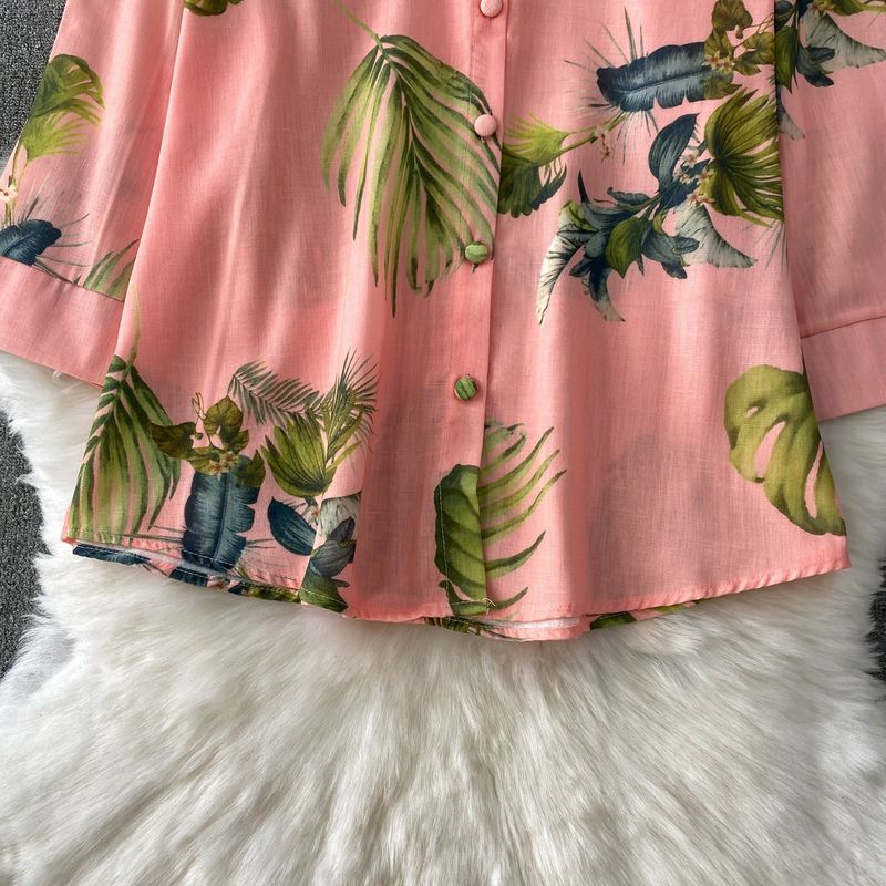 Damenbekleidung Retro Einreihiger Stehkragen Langarmhemd Design Bedruckte Jacke Zweiteiliger Anzug Hohe Taille Schlanke Hose mit weitem Bein_voghion.com