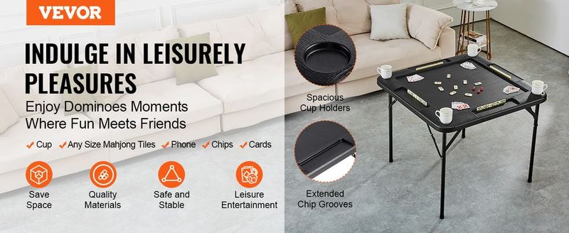 VEVOR Mahjong Table 4 Player Folding Card Table & 4 Cup Holders Chip Trays Black_voghion.com