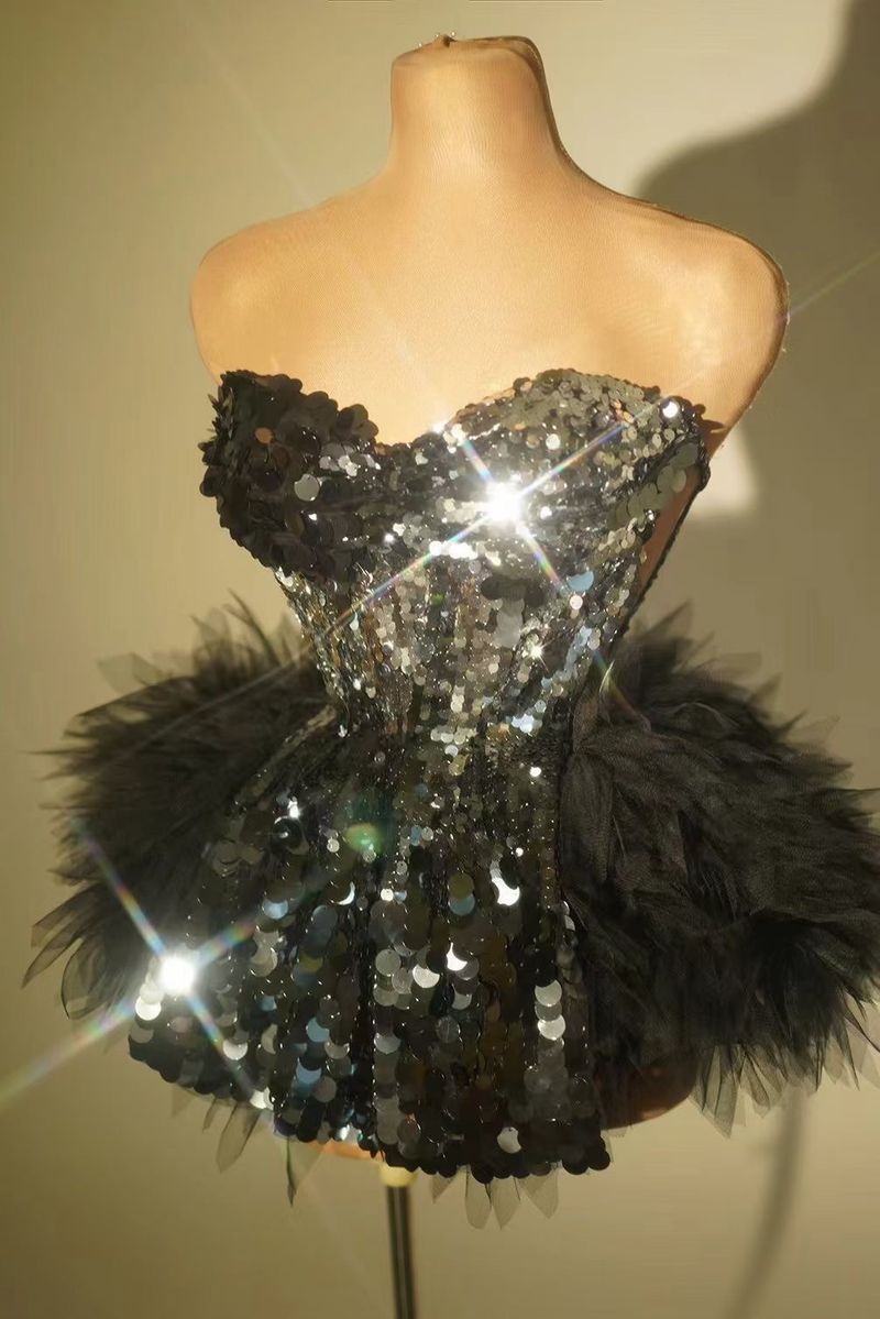 Sparkly Black Sequin Mesh Puff Sleeve Top & Mini Skirt Set - Stage Performance Outfit For Women, Dance Costume, Party Wear_voghion.com