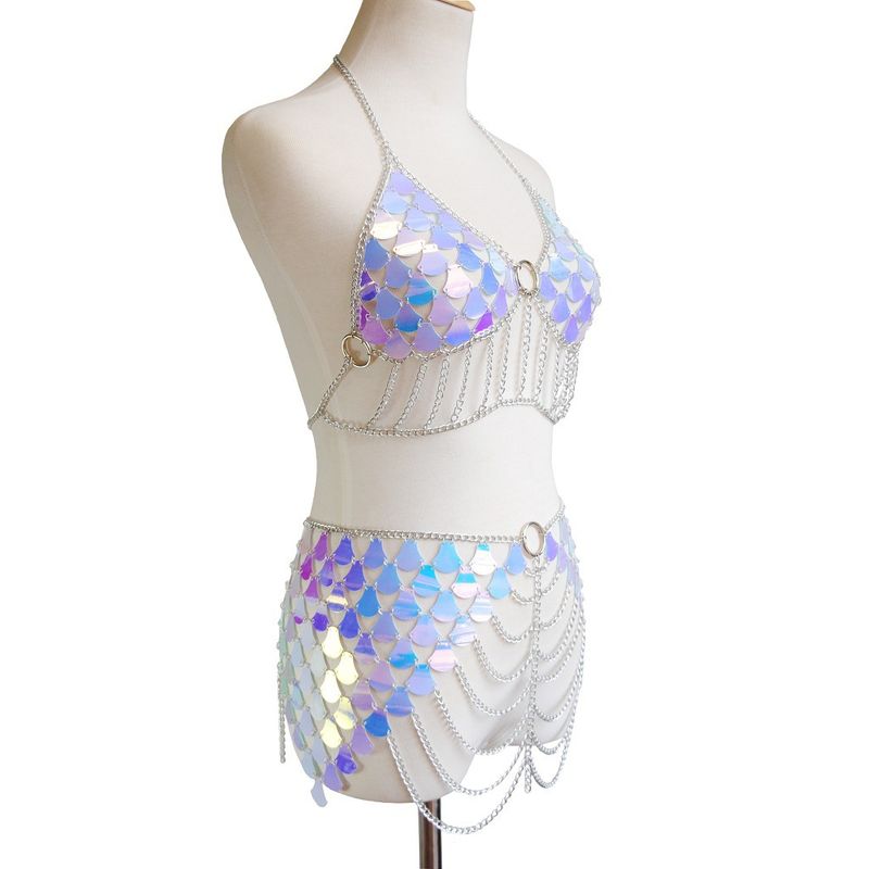 Set di catene per il corpo con paillettes esagerate - Gioielli per la vita metallici a squame di pesce per look audaci_voghion.com