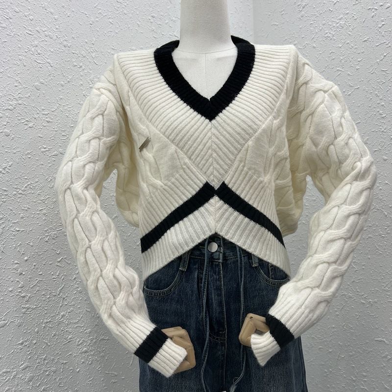 Fried Dough Twists Knit Wo's 2024 Herbst/Winter Neuer koreanischer Farbkontrast V-Ausschnitt Langarm Kurzer Strickpullover_voghion.com