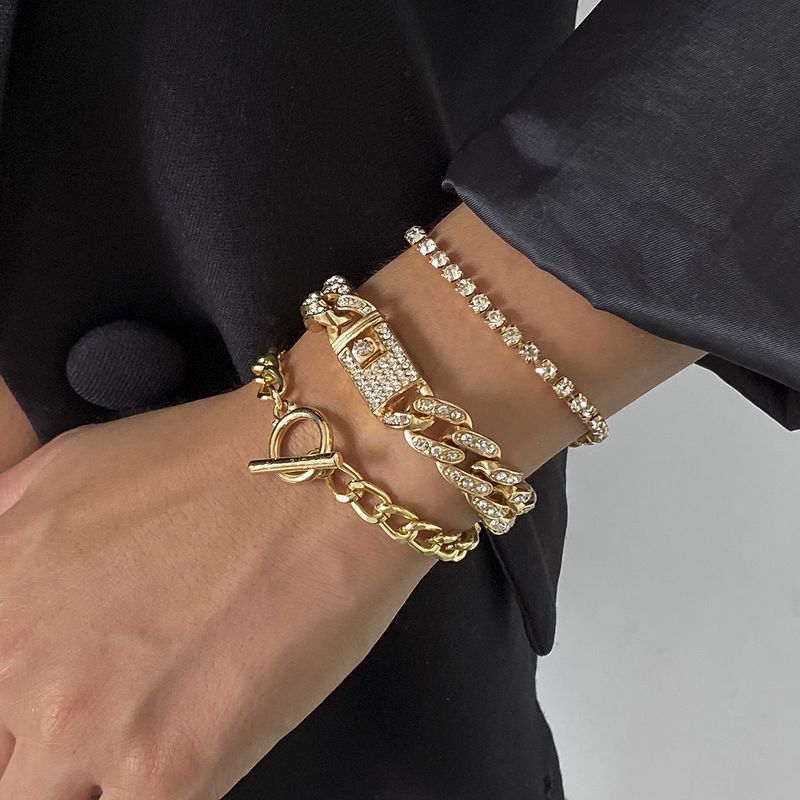 Accessories Hip-Hop Full Diamond Cuban Link Geometric Bracelet Elegant Simple Inlaid Chain Set Jewelry_voghion.com