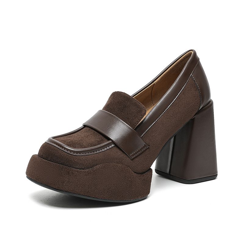 Nischendesign Dicke Sohle Klobige Tiefe Mund Einzelschuhe Für Frauen Neue Frühjahr Neue Square Toe High Heel Loafers_voghion.com