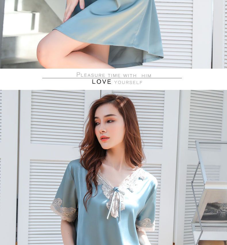 New Pajamas Women's Summer Ice Silk Loose Large Size European And Korean Version Sexy Lace Ice And Snow Silk Short-sleeved Nightdress Loungewear_voghion.com