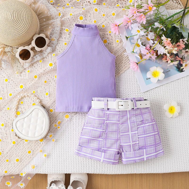 Kannerkleeder Nei Summer Meedercher Kostümer Kleng a Mëttel Kanner Einfarweg Halter Neck Top + Bedruckte Shorts + Rimm_voghion.com