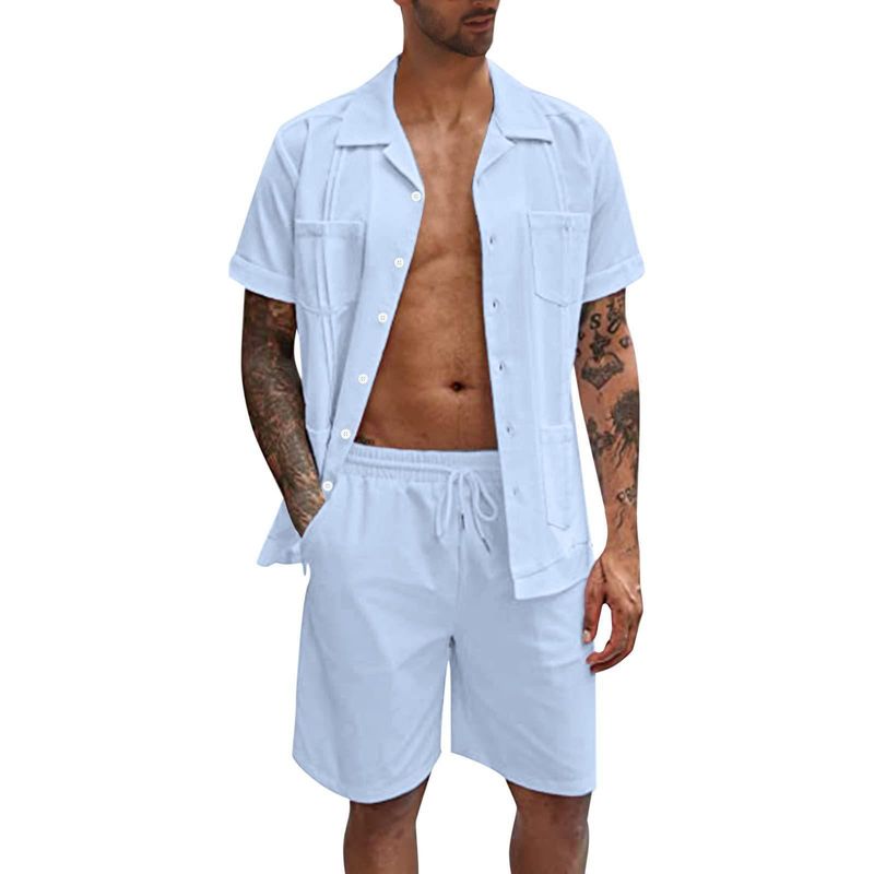 Nuovo set di camicie da uomo casual larghe in lino per sport estivi minimalisti 2024 estivi a maniche corte_voghion.com