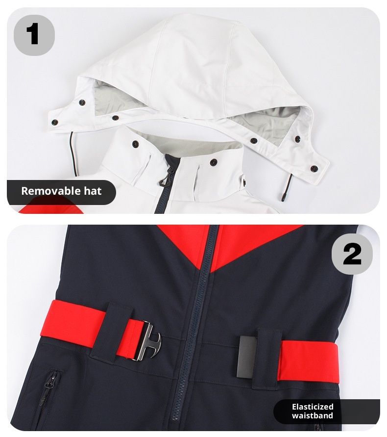 001 Neuer Einteiler für Damen, figurbetont, tailliert, winddicht, wasserdicht, warm, Skijacke und Skihose mit Kapuze_voghion.com