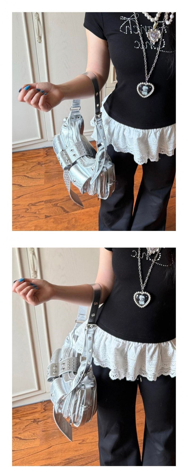 Un bolso de hombro moderno y versátil para otoño e invierno de 2025, con remaches plateados. Un estilo fresco y dulce adecuado para un estilo casual y versátil._voghion.com