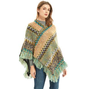 European and American shawl women's spring, autumn and winter new solid color striped tassel hooded cape_voghion.com