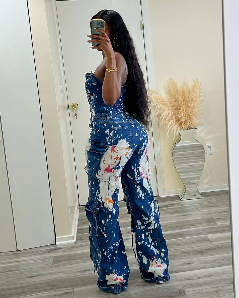 Women's Clothing Tight Waist Elastic Strapless Workwear Denim Jumpsuit _voghion.com