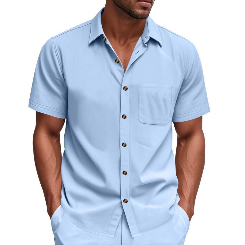 Summer Men's Woven Lapel Solid Color Large Size Casual Simple Business Short Sleeved Shirt Men_voghion.com