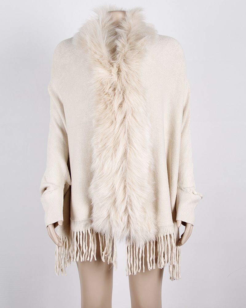 Maglione cardigan tinta unita in stile europeo e americano, autunno e inverno, con nappa e collo in pelliccia_voghion.com