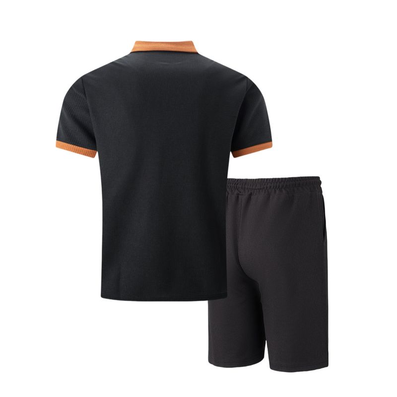 Men's Waffle-Knit Short Sleeve Suit - Lapel Collar & Chest Pocket Button-Up Shirt With Matching Shorts_voghion.com