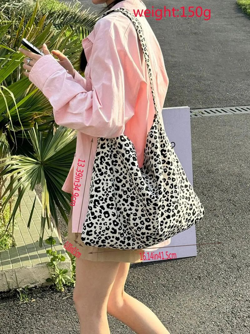 Women’s Bags Bag Same Style Leopard Print Canvas Bag Large Capacity Shoulder Bag Corduroy Shopping Bag Ins Style Star Model_voghion.com