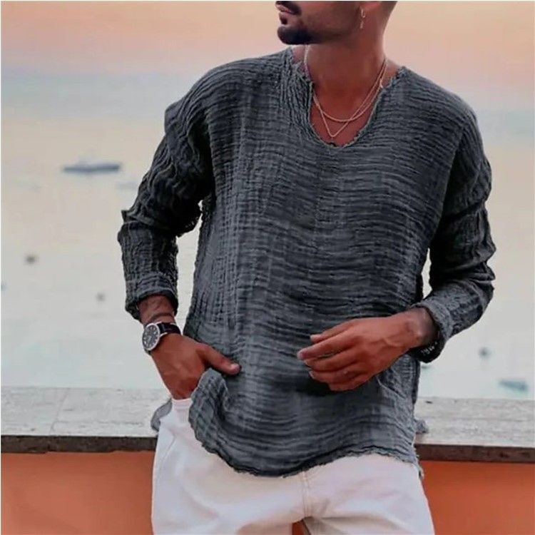 Maglietta casual da uomo in lino, modello 2025, con scollo a V, lavata in acqua e bordi sfrangiati, a maniche lunghe_voghion.com