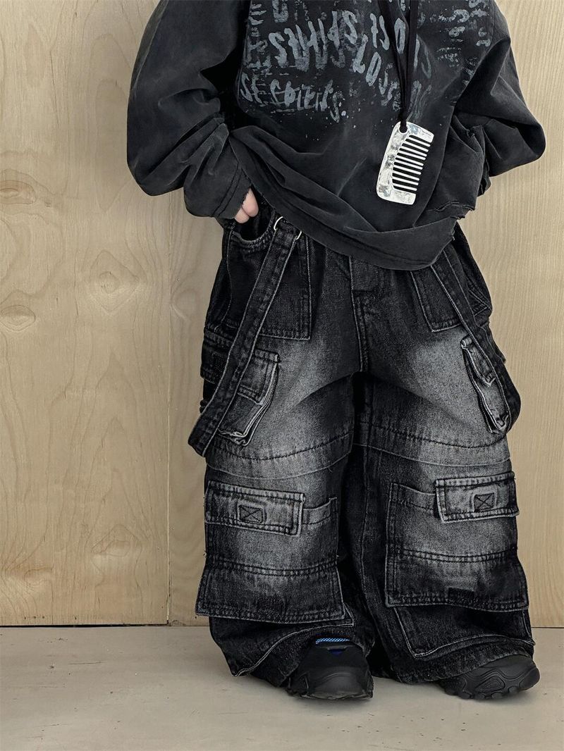 Kid's Clothing 2024 Boys Jeans American Retro Multi Pocket Jeans Loose Straight Fashion Brand Wide Leg Suspenders_voghion.com