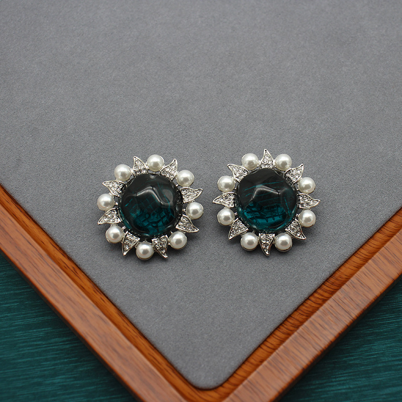 Damen-Schmuck, Sonnenblume, Sonnenblume, Ohrclip, Vintage, Retro, Brosche, gebrauchtes Set, Perlgrün, Gelee glasiert_voghion.com