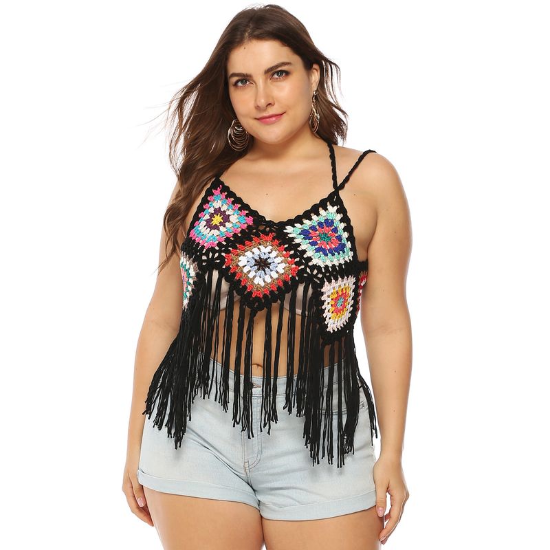Plus size women's ethnic style random color contrast color long fringed patchwork camisole shirt strappy bikini top_voghion.com