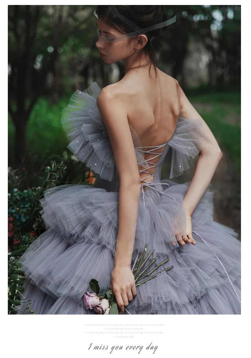 Photoshoot Ball Gown – Ethereal Tulle Cake Dress With Detachable Train & Corset Lacing (Grey/Ombre Elegant Strapless Prom Dress For Boho Styled Shoots_voghion.com