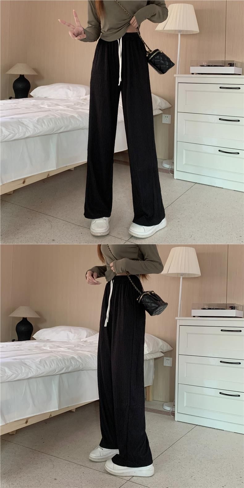 6012 # Pantalon de sol décontracté à taille haute pour femme, texture froissée, jambes larges, automne été_voghion.com
