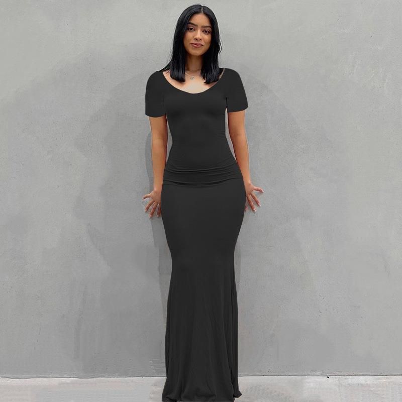 Damenbekleidung Langes Kleid Lässiges, schmales, langärmliges Heimkleid_voghion.com