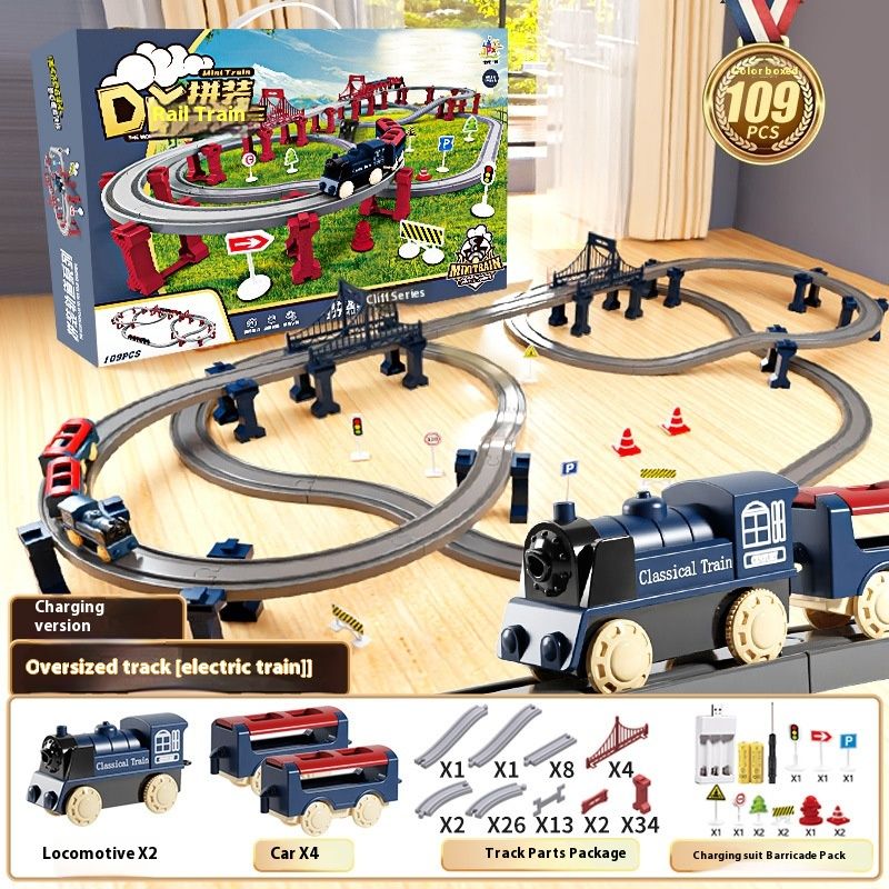 Elektrický vláček, malý s kolejemi, chlapecký simulátor rychlovlaku, puzzle, dárek k narozeninám, dětské hračky_voghion.com