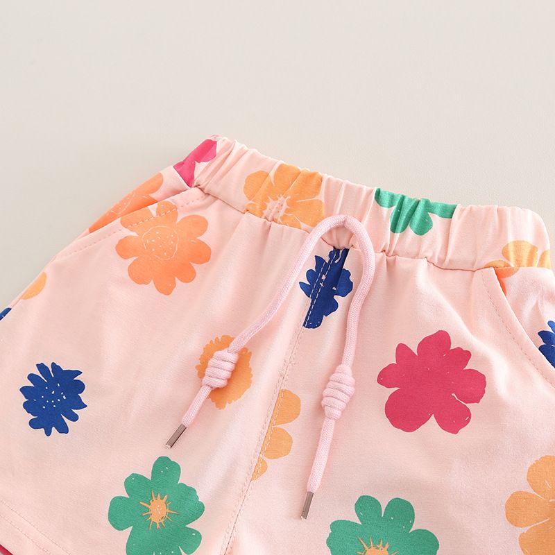 Neues Mädchen-Outfit, dünn und stilvoll, geeignet für Kinder im Sommer, Babys. Vollständig bedruckte, kurzärmelige Shorts mit Blumenmuster, zwei_voghion.com