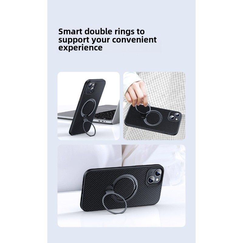 New iPhone15 carbon fiber mobile phone case, double ring magnetic suction bracket, suitable for iPhone15 Pro mobile phone case_voghion.com