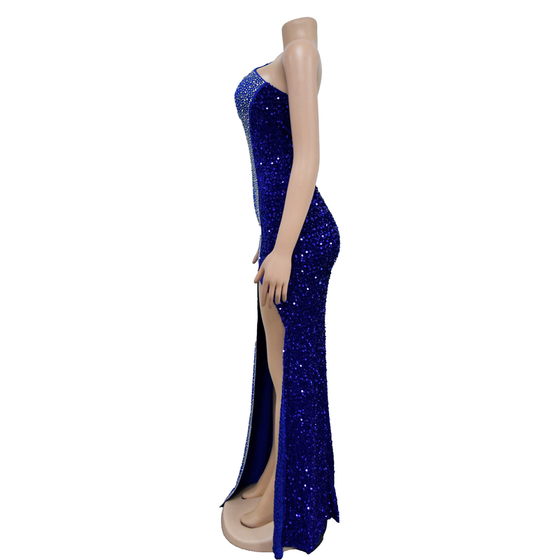 Damenbekleidung Einfarbig Hot Diamond Pailletten Ärmelloses Kleid mit langem Rock_voghion.com